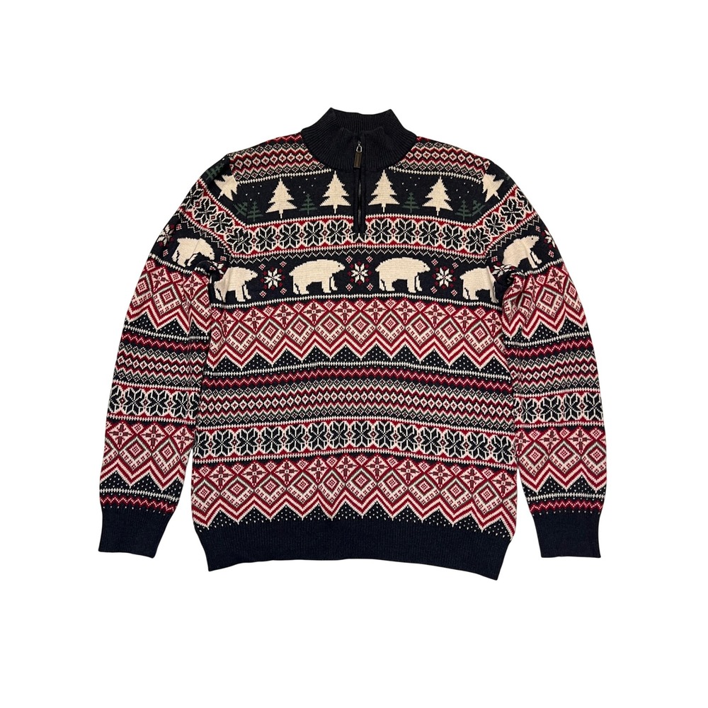 Aspen Navy Blue Red Fair Isle Polar Bear 100% Cotton Quarter Zip Sweater Size XL